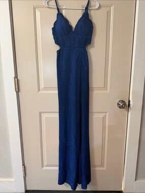 Glitter Navy Blue Scallop-Edge Maxi Dress
